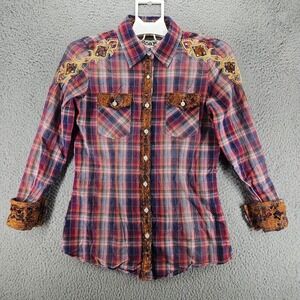 Roar Buckle Shirt‎ Womens Medium Flip Cuff Shimmer Glitter Western Cowgirl M